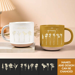 Personalized nanny mug featuring floral designs with customizable names for a unique gift