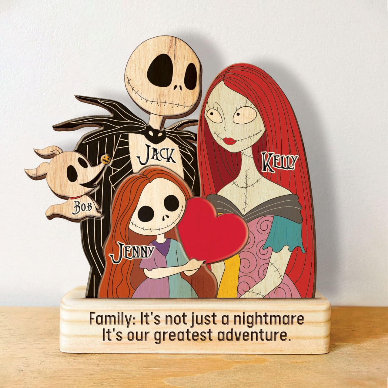 Personalized Nightmare Before Christmas puzzle with Jack, Sally, and characters holding a red heart on wooden base
