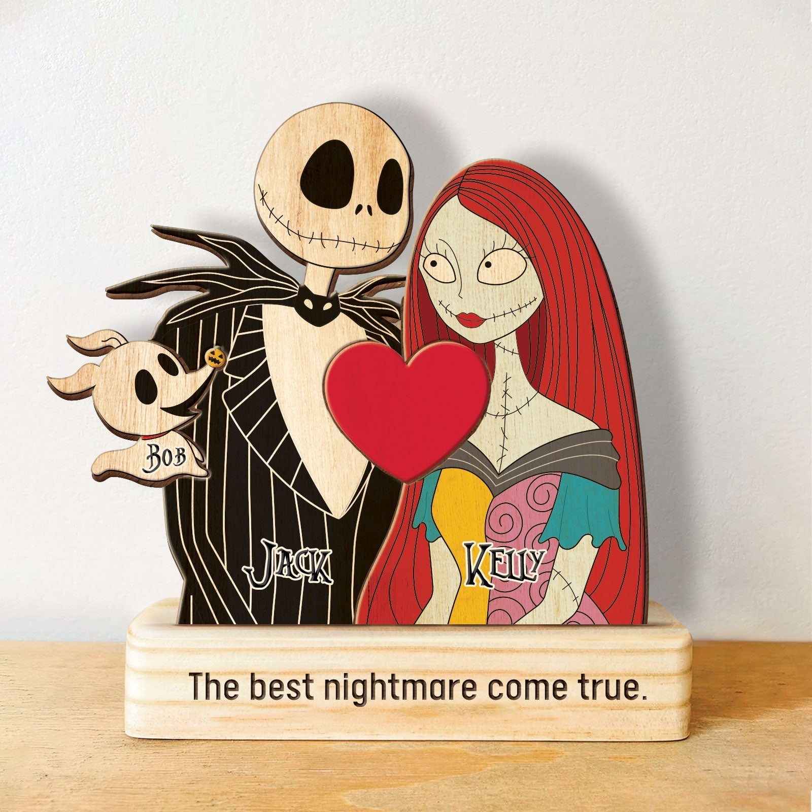 Personalized Nightmare Before Christmas puzzle featuring Jack, Sally, and ghost dog with a heart