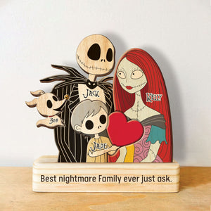 Personalized Nightmare Before Christmas puzzle featuring Jack, Sally, Zero, and custom family names on wooden stand