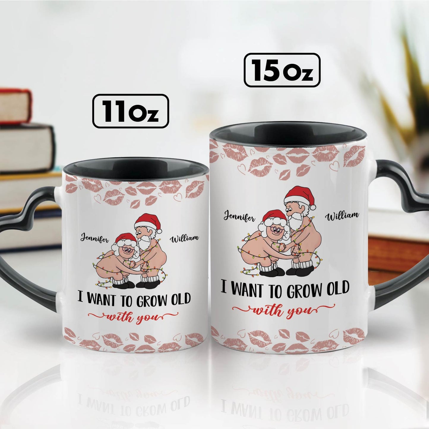 Personalized old couple mug with names Jennifer and William, I want to grow old with you design, available in 11oz and 15oz sizes
