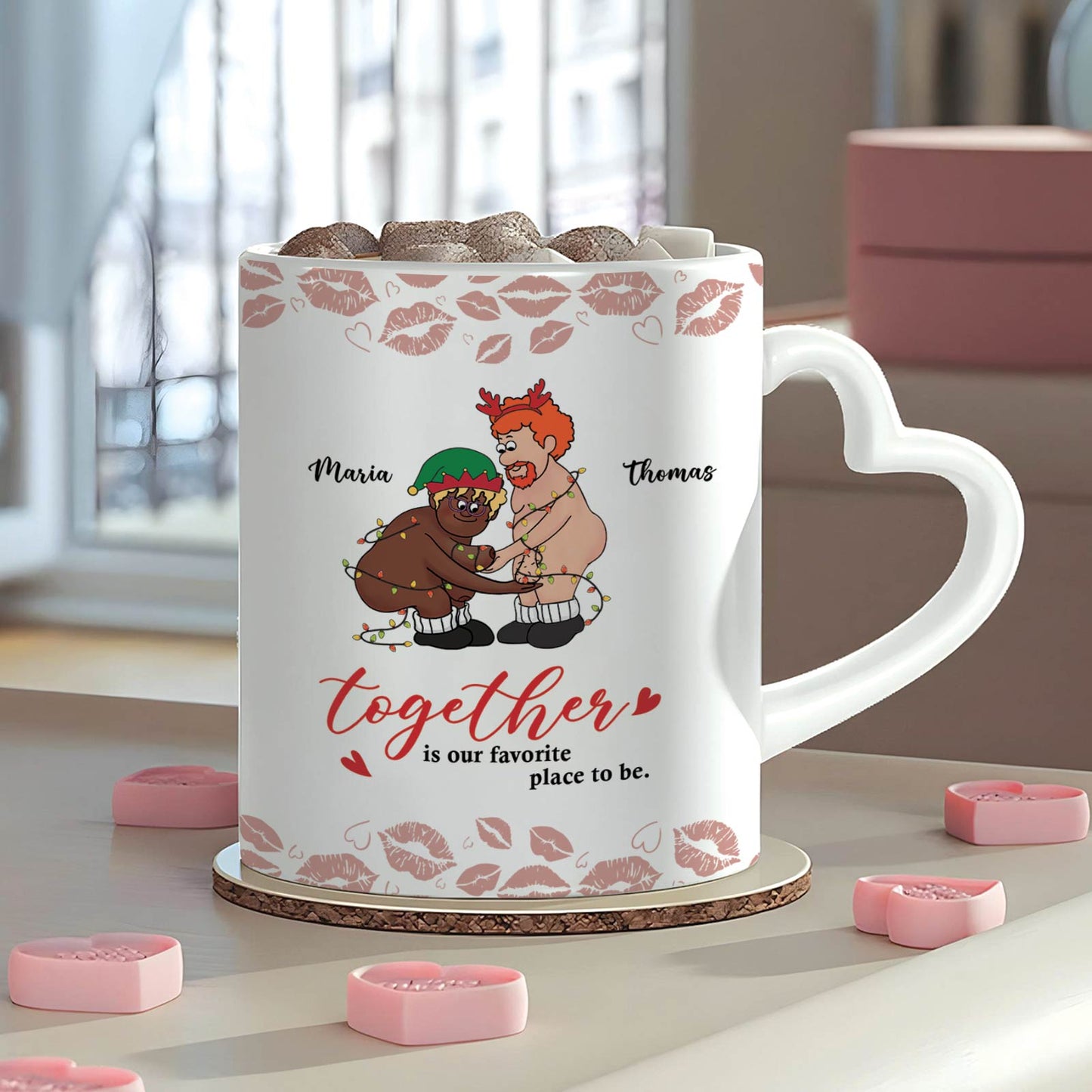 Personalized old couple mug with heart-shaped handle featuring cartoon couple and names Maria and Thomas
