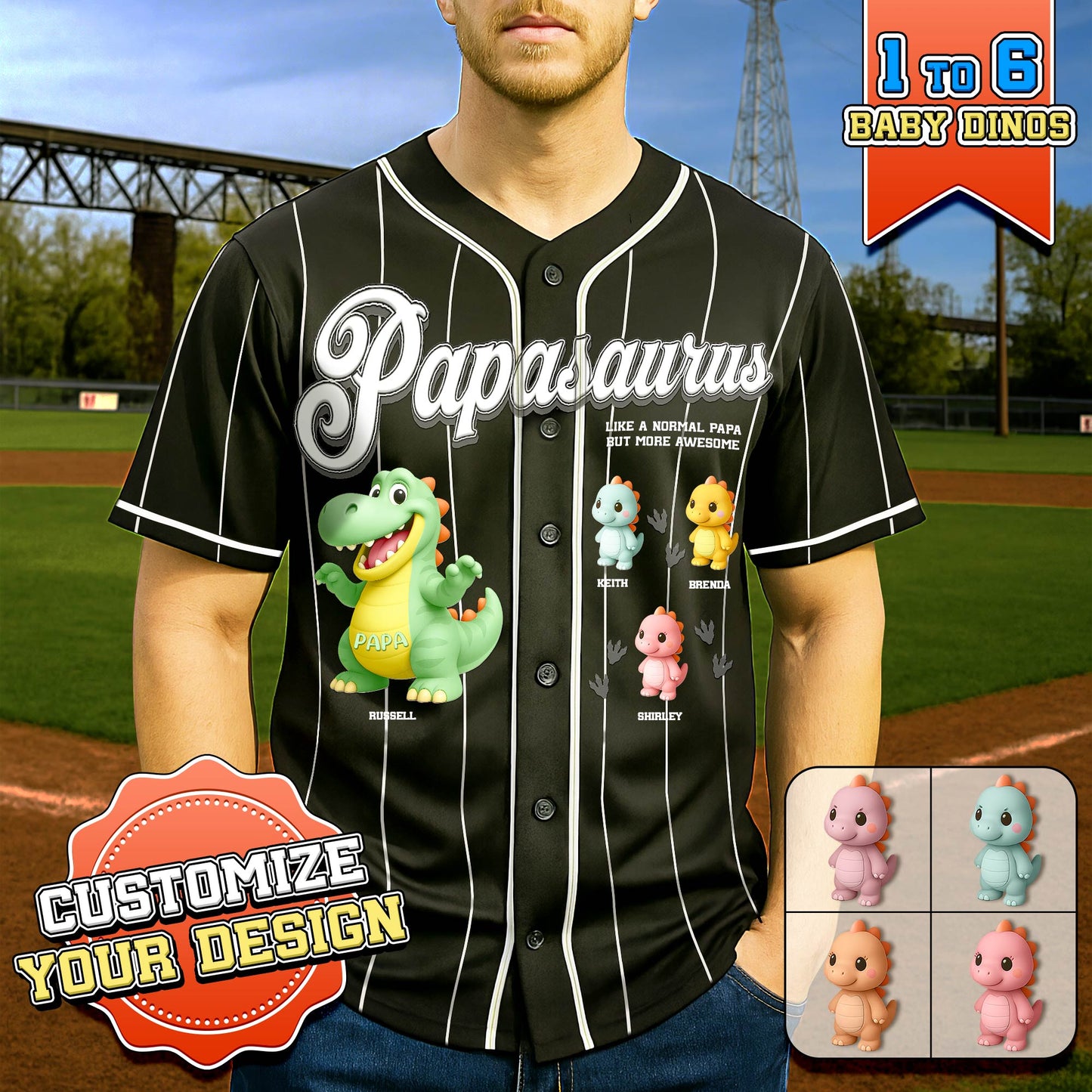 Black personalized papasaurus baseball shirt with cartoon dinosaur and customizable baby dinos design