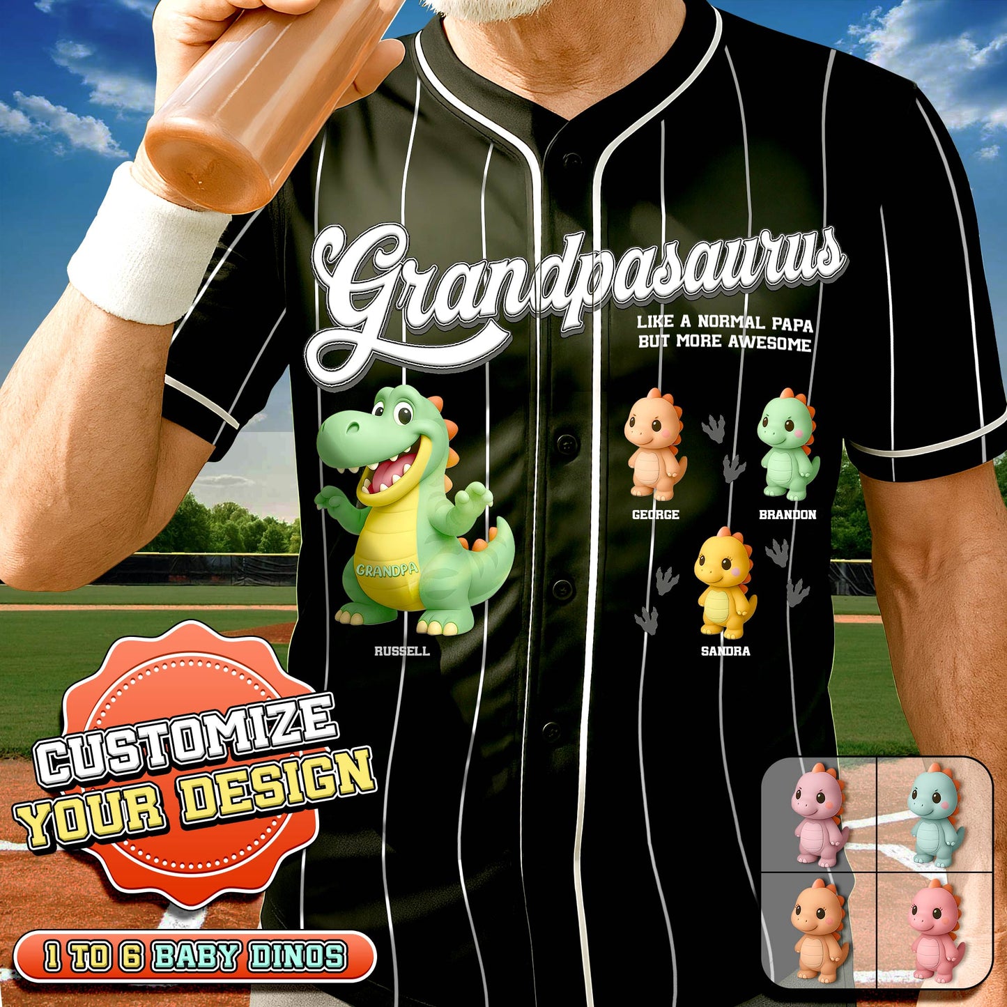 Personalized papasaurus baseball shirt with cartoon baby dinos and grandpasaurus text in black pinstripe style
