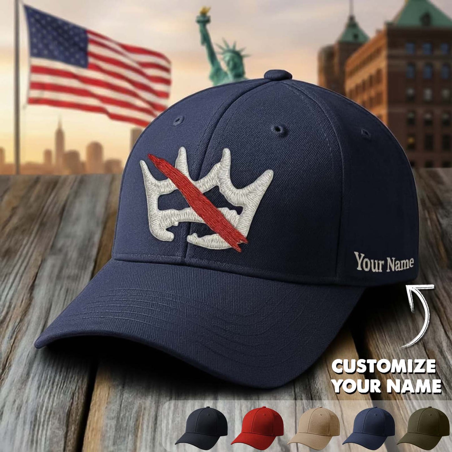 Personalized patriotic cap featuring customizable name on a navy blue hat, perfect for celebrating freedom
