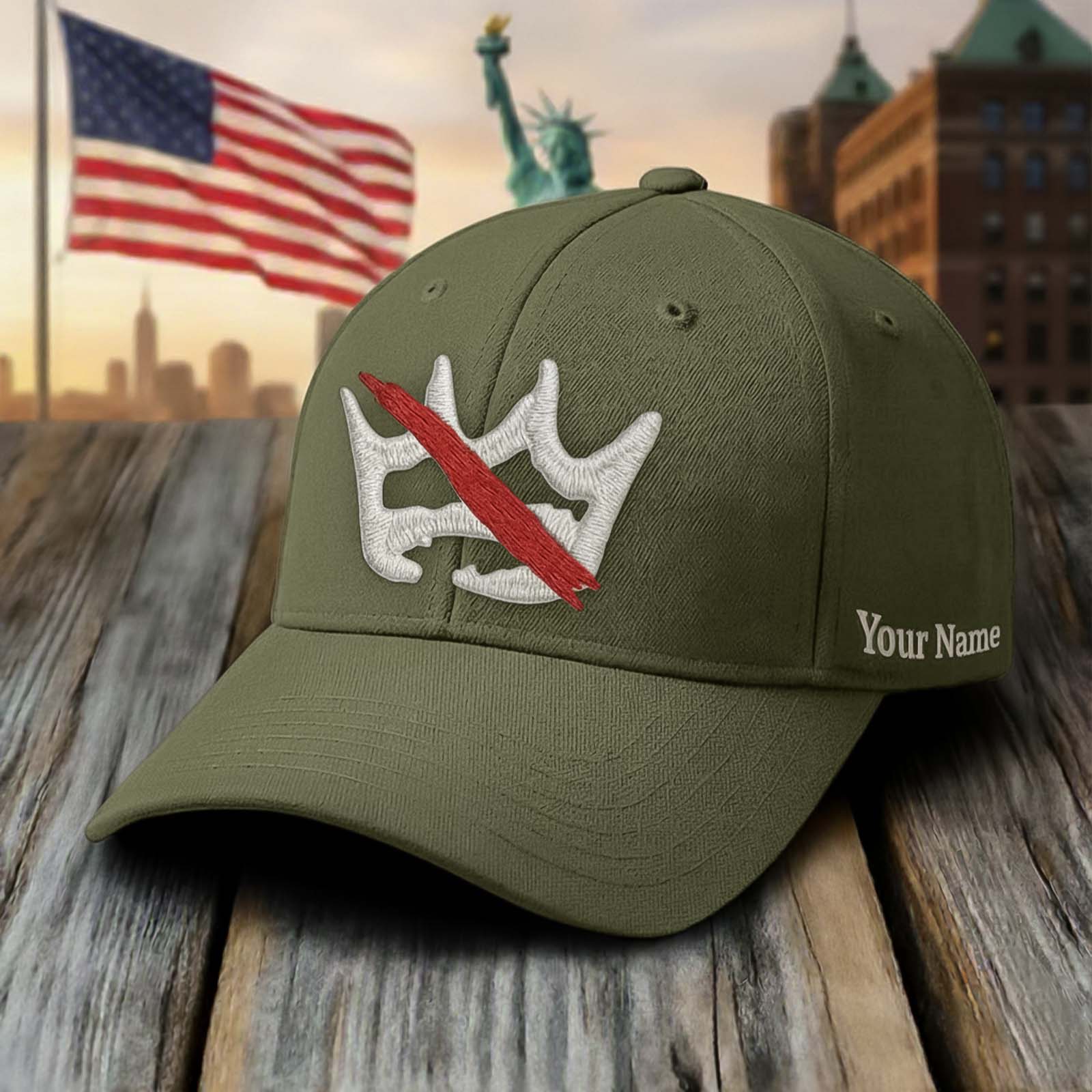 Personalized patriotic cap with custom name and unique design featuring a Liberty symbol