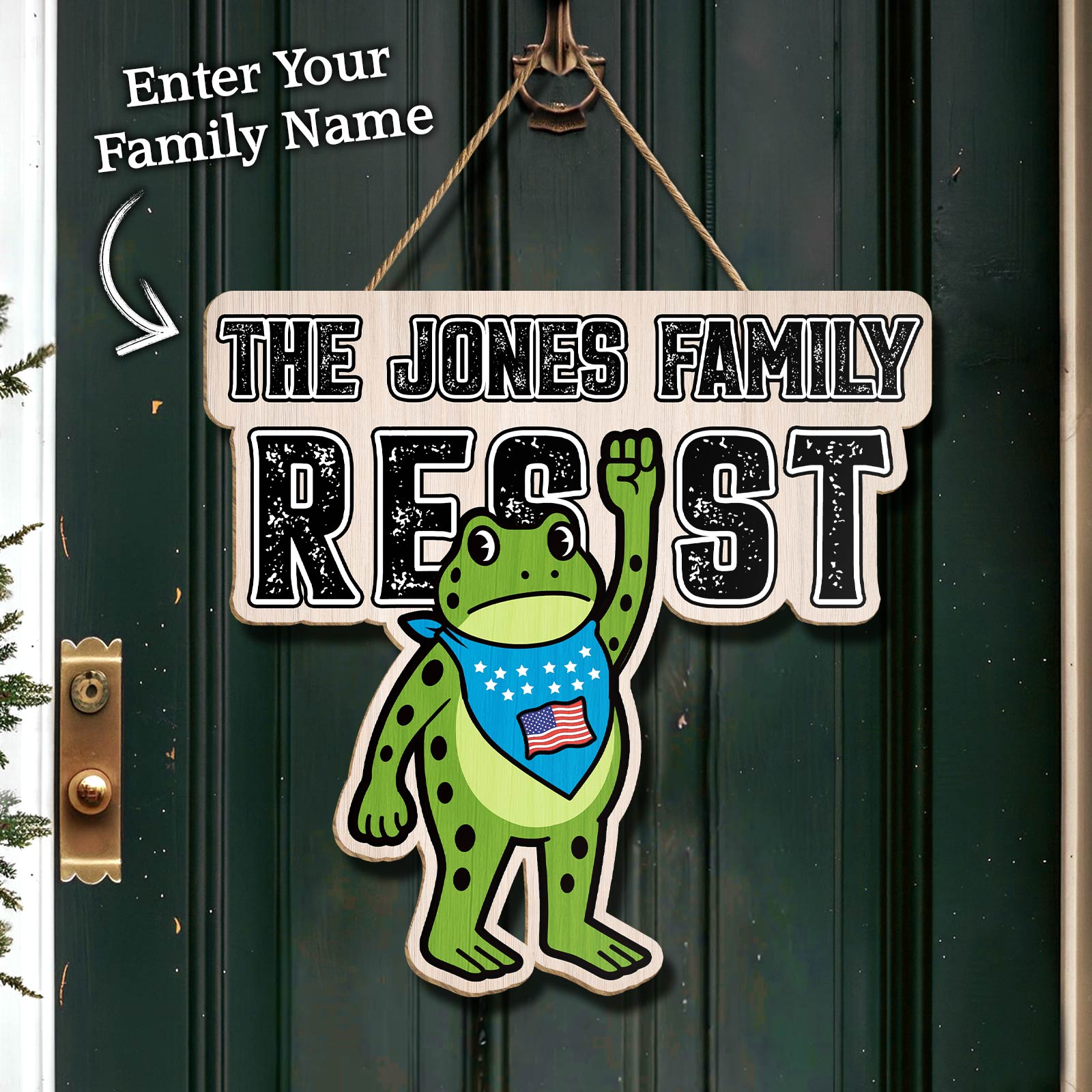 Personalized patriotic door sign featuring a frog graphic and customizable family name
