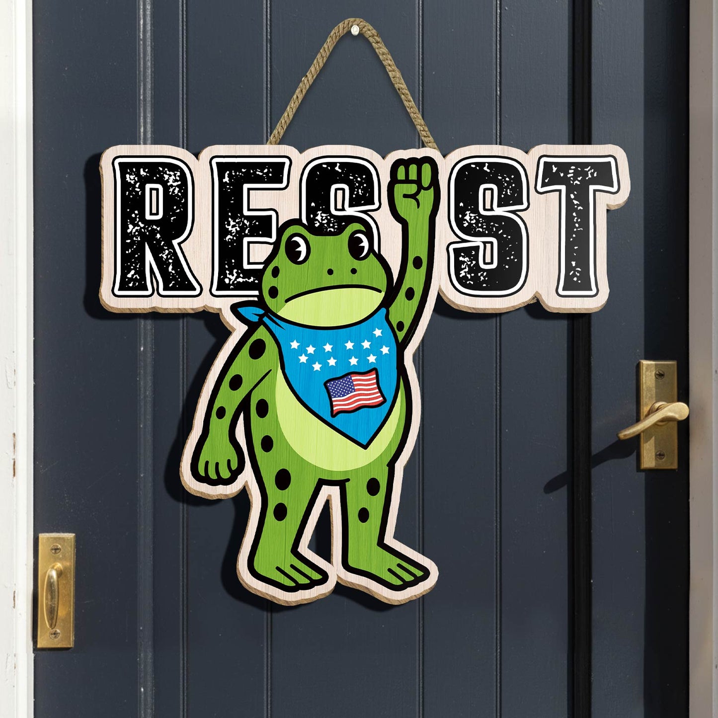 Personalized patriotic door sign featuring a cheerful frog with a blue bandana and the word RESIST