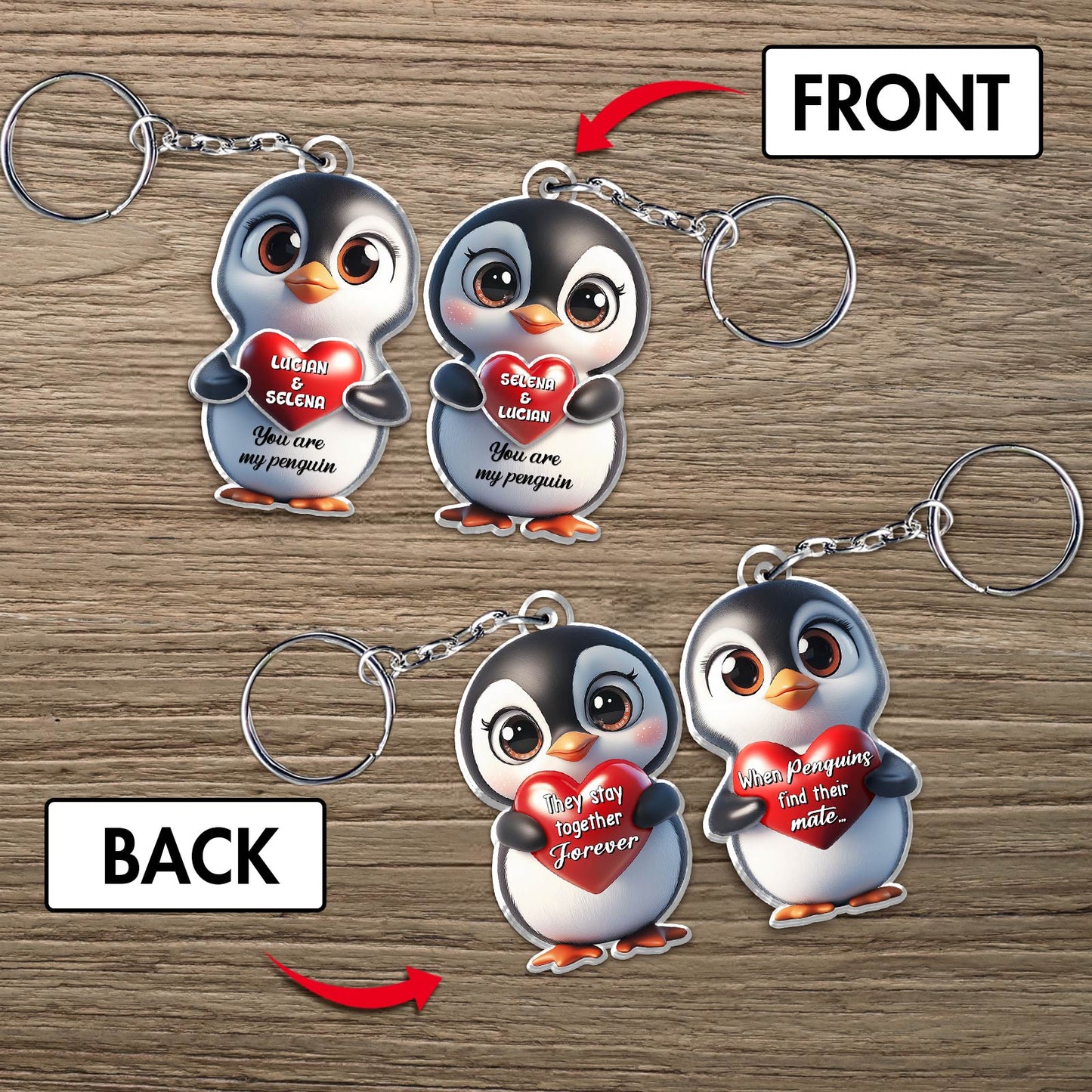 Personalized penguin couple keychain featuring cute penguins with heartfelt messages on both sides