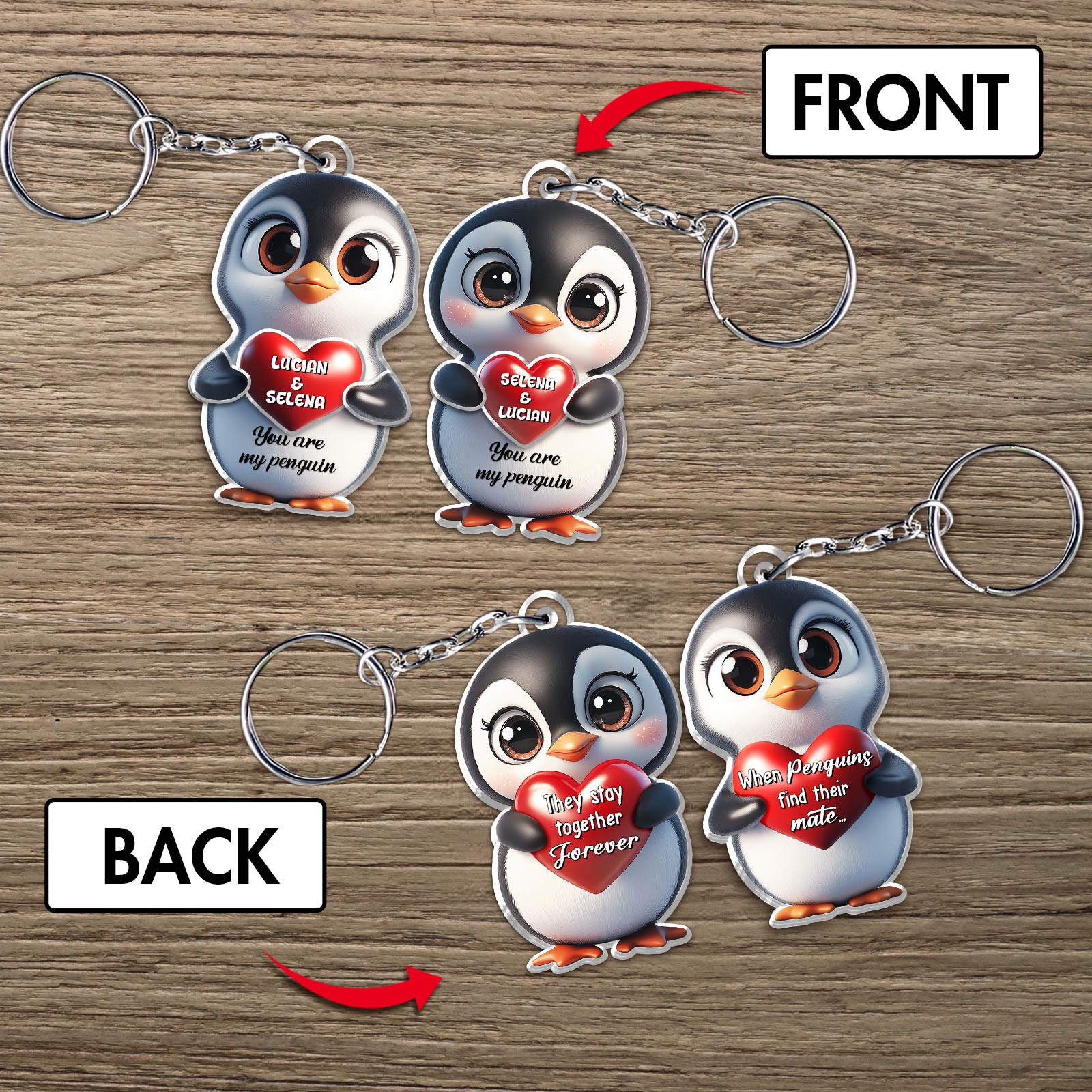 Personalized penguin couple keychain featuring cute penguins with heartfelt messages on both sides