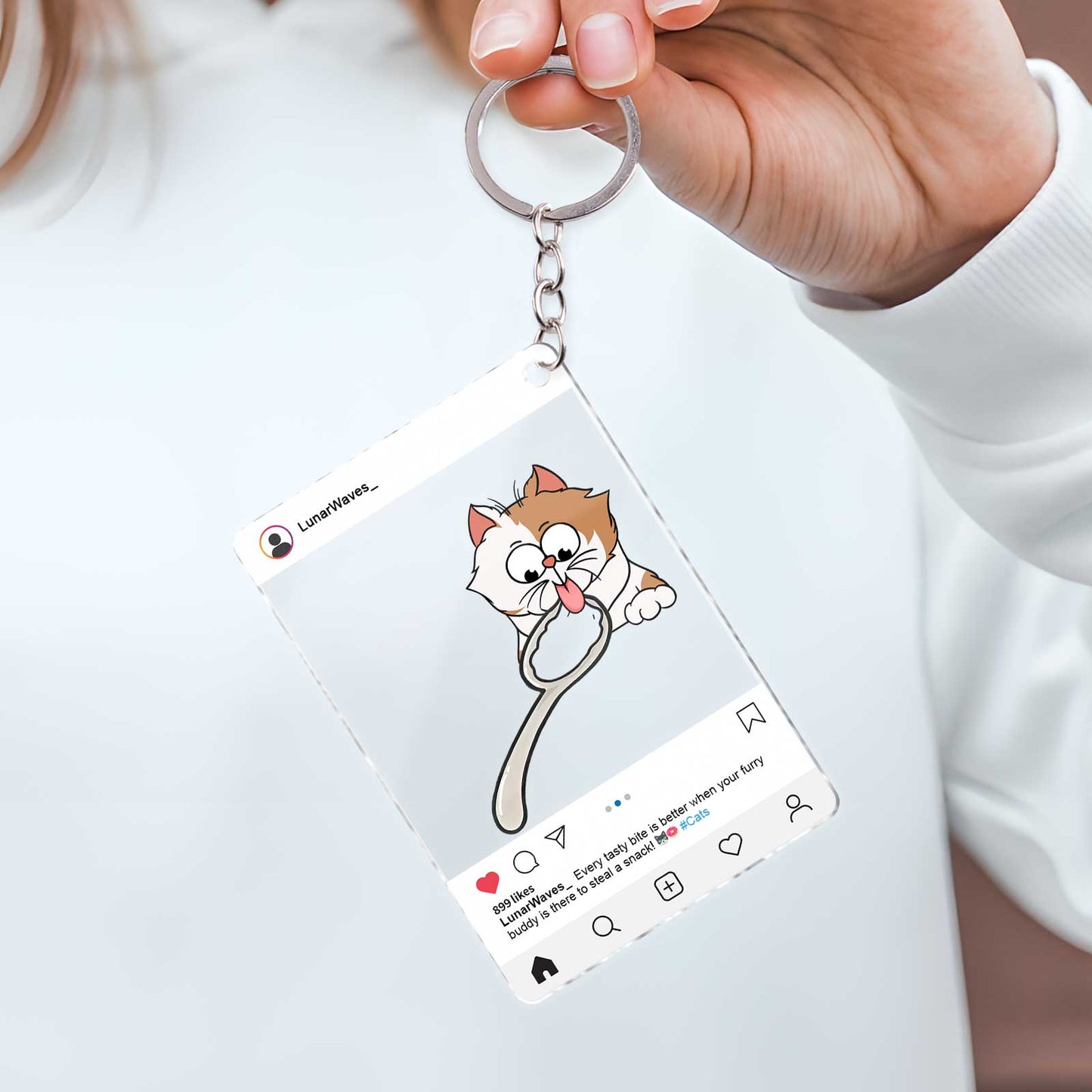 Personalized pet keychain featuring a cartoon cat design in a clear acrylic frame