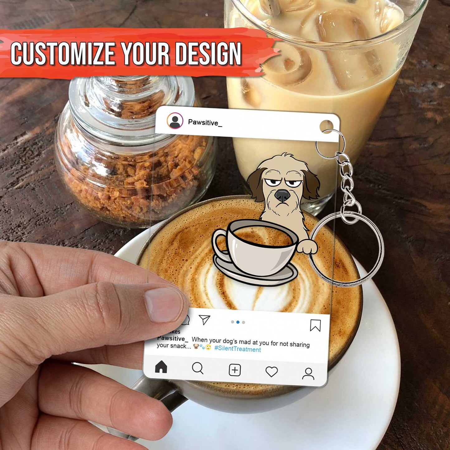 Customized personalized pet keychain featuring a cartoon dog design with a coffee cup backdrop