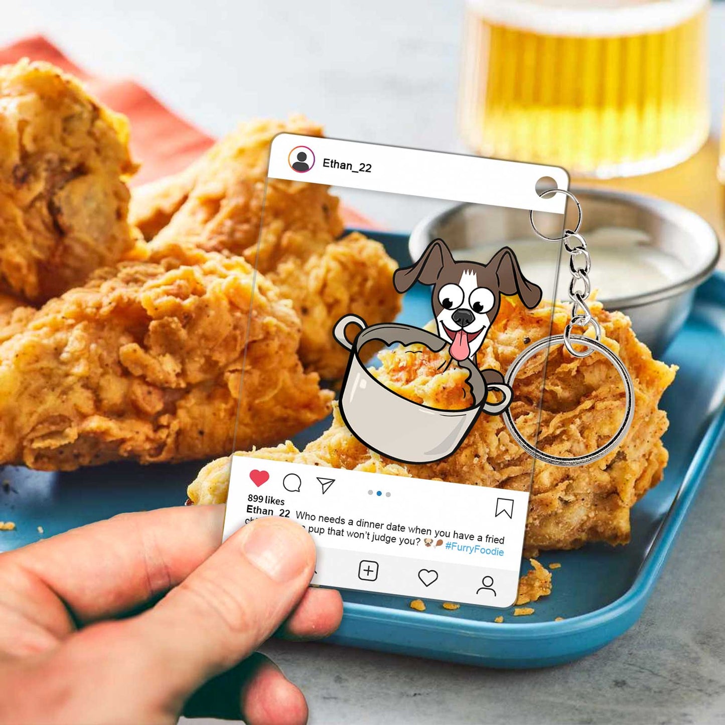 Personalized pet keychain featuring a dog and a fried chicken background for pet lovers