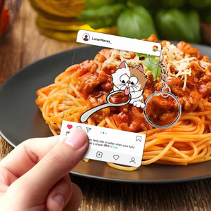 Personalized pet keychain featuring a playful cat design with a spaghetti backdrop