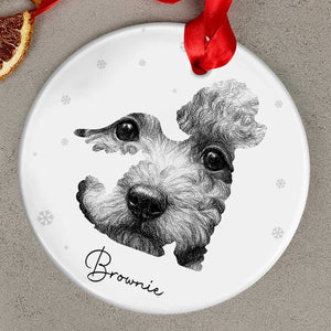 Personalized pet loss ornament featuring a custom illustration of a dog named Brownie