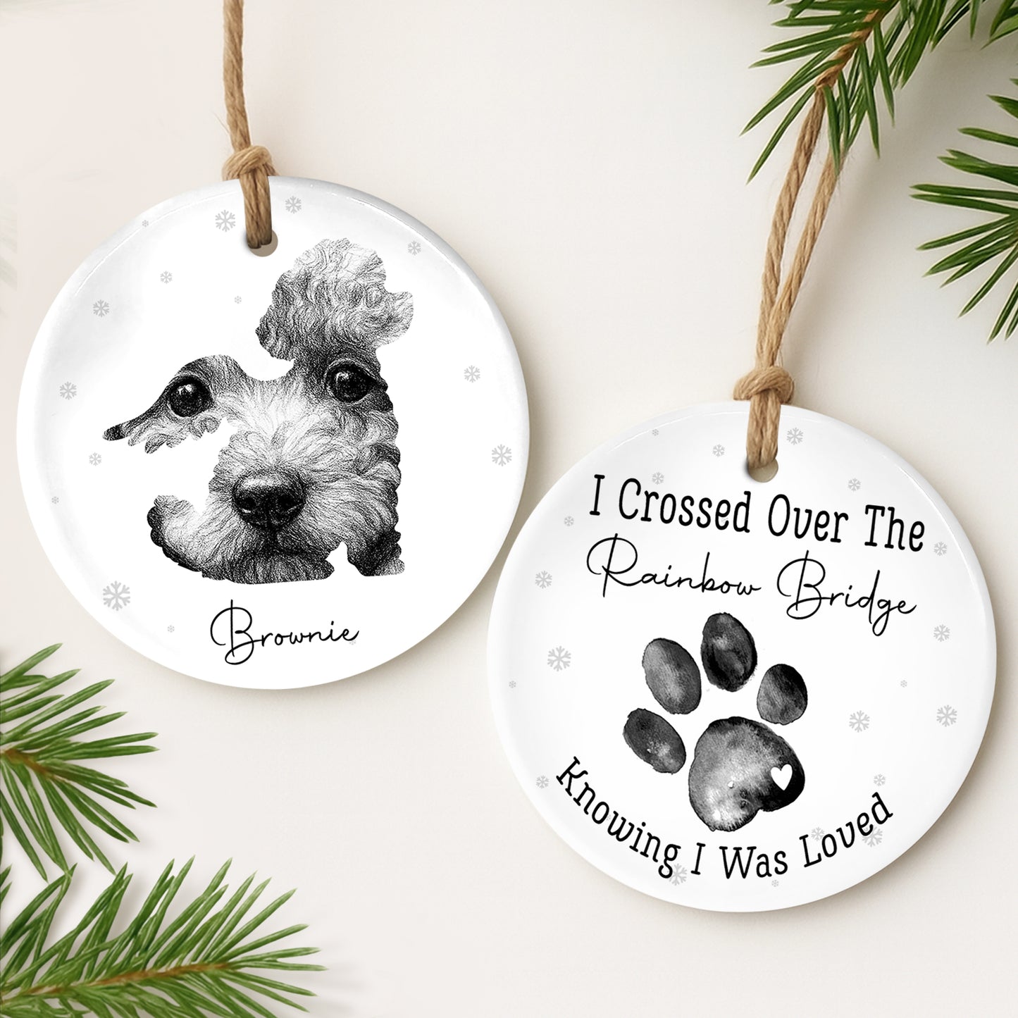 Personalized pet loss ornament featuring a custom pet portrait and heartfelt message for remembrance