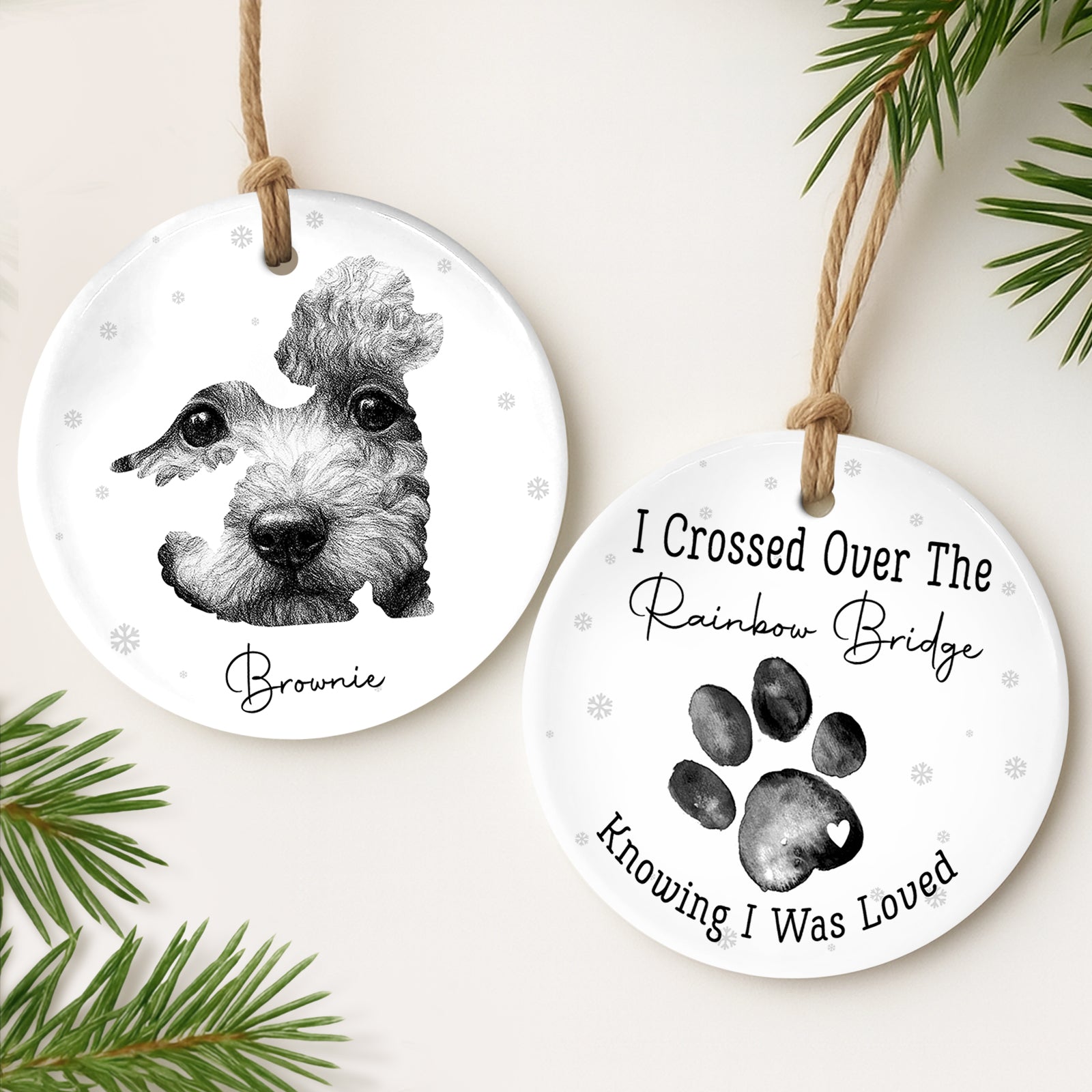 Personalized pet loss ornament featuring a custom pet portrait and heartfelt message for remembrance