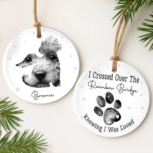 Personalized pet loss ornament featuring a custom pet portrait and heartfelt message for remembrance