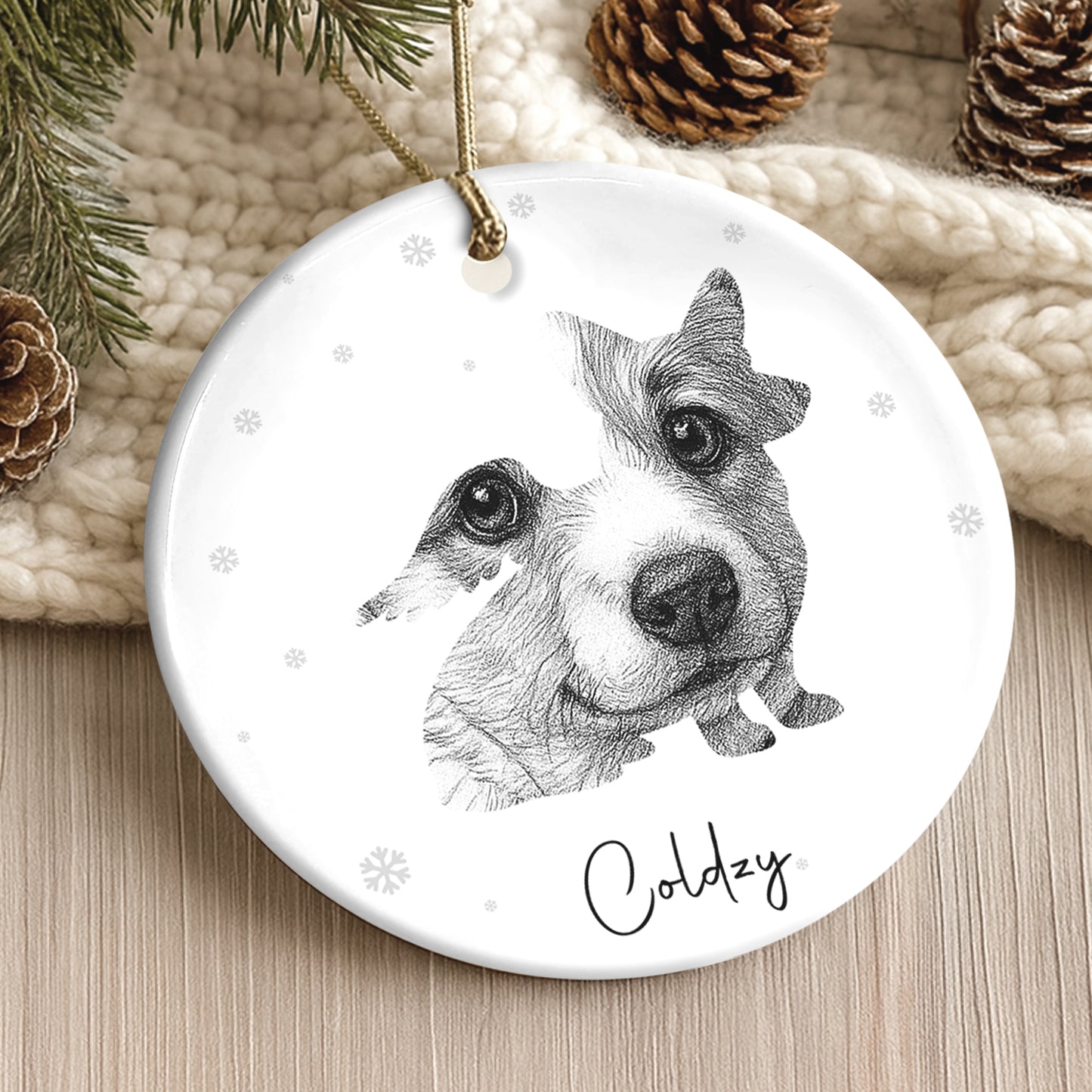 Personalized pet loss ornament featuring a hand-drawn dog portrait with a custom name