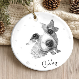Personalized pet loss ornament featuring a hand-drawn dog portrait with a custom name