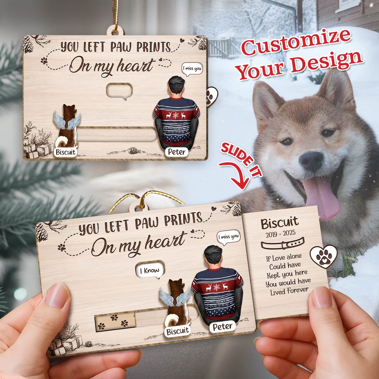 Personalized pet memorial Christmas card featuring customizable design with paw prints and heartfelt message