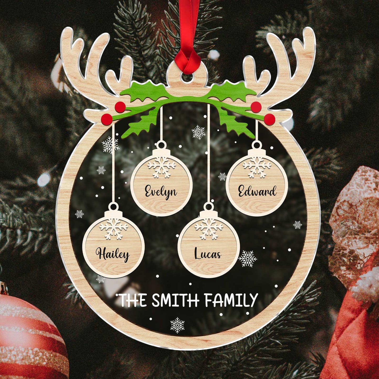 Personalized pet paw Christmas ornament wooden family name with four hanging name tags and reindeer antlers