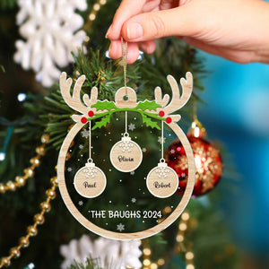 365Gifty personalized pet paw Christmas ornament with reindeer design and custom names hanging on tree