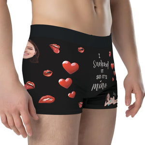 Personalized photo boxer with custom design featuring hearts and playful text for unique style