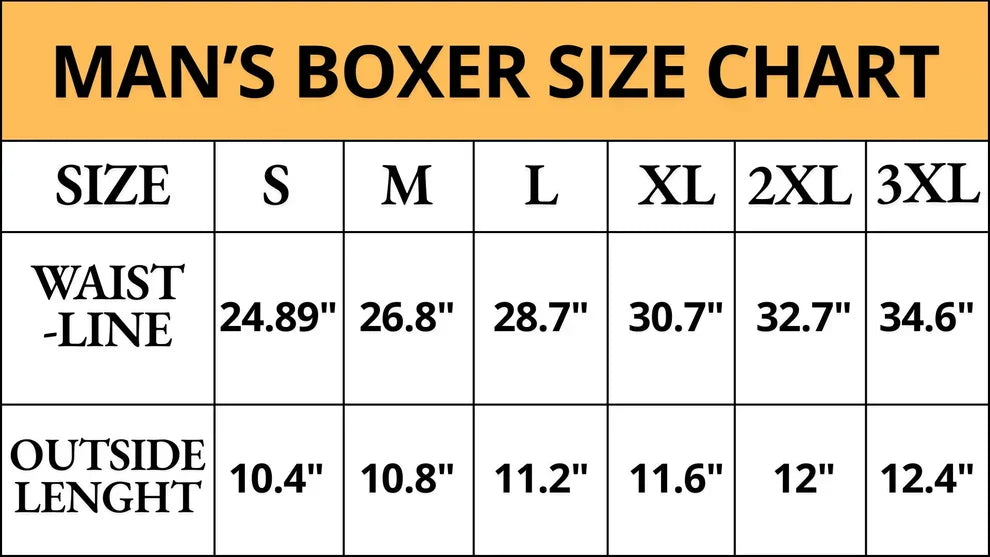 Size chart for personalized photo boxers for couples showing waistline and outside length measurements