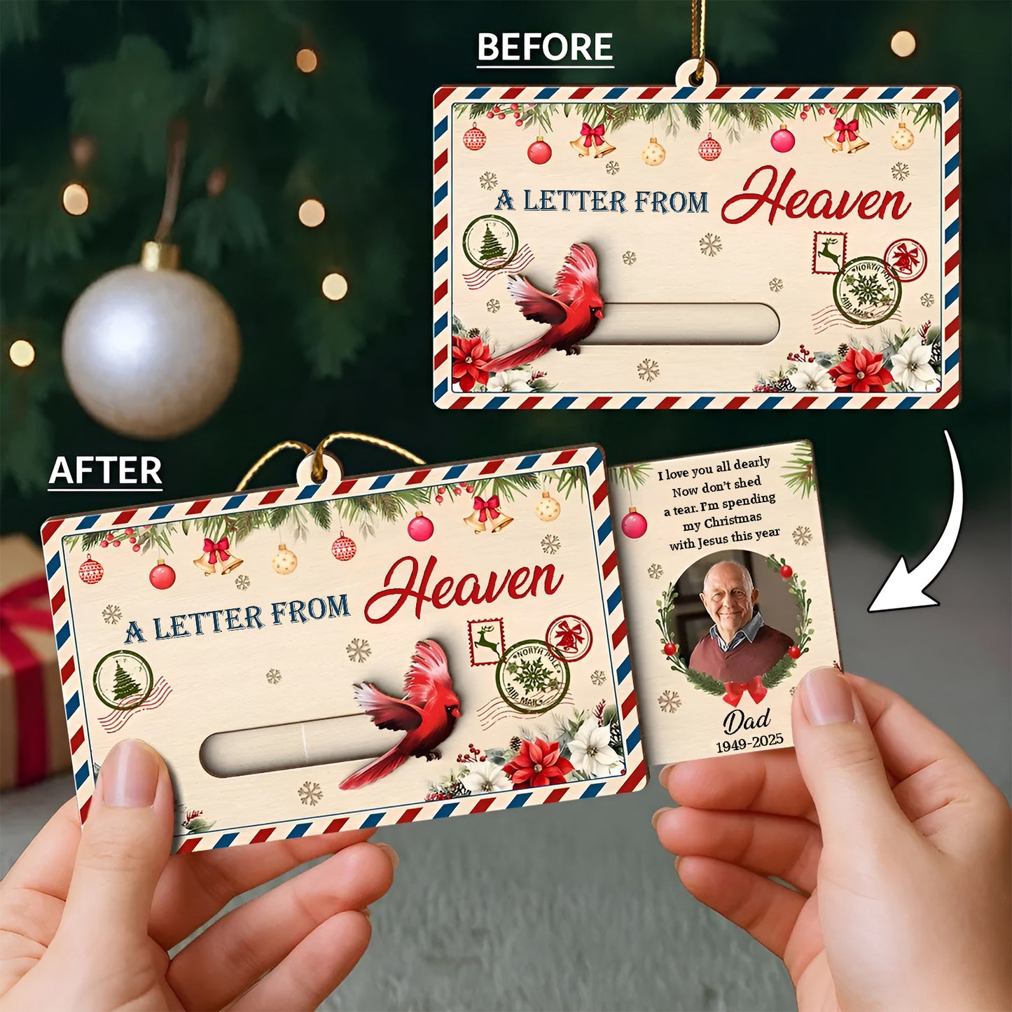 Personalized photo Christmas wooden slider card with holiday decorations and heartfelt message
