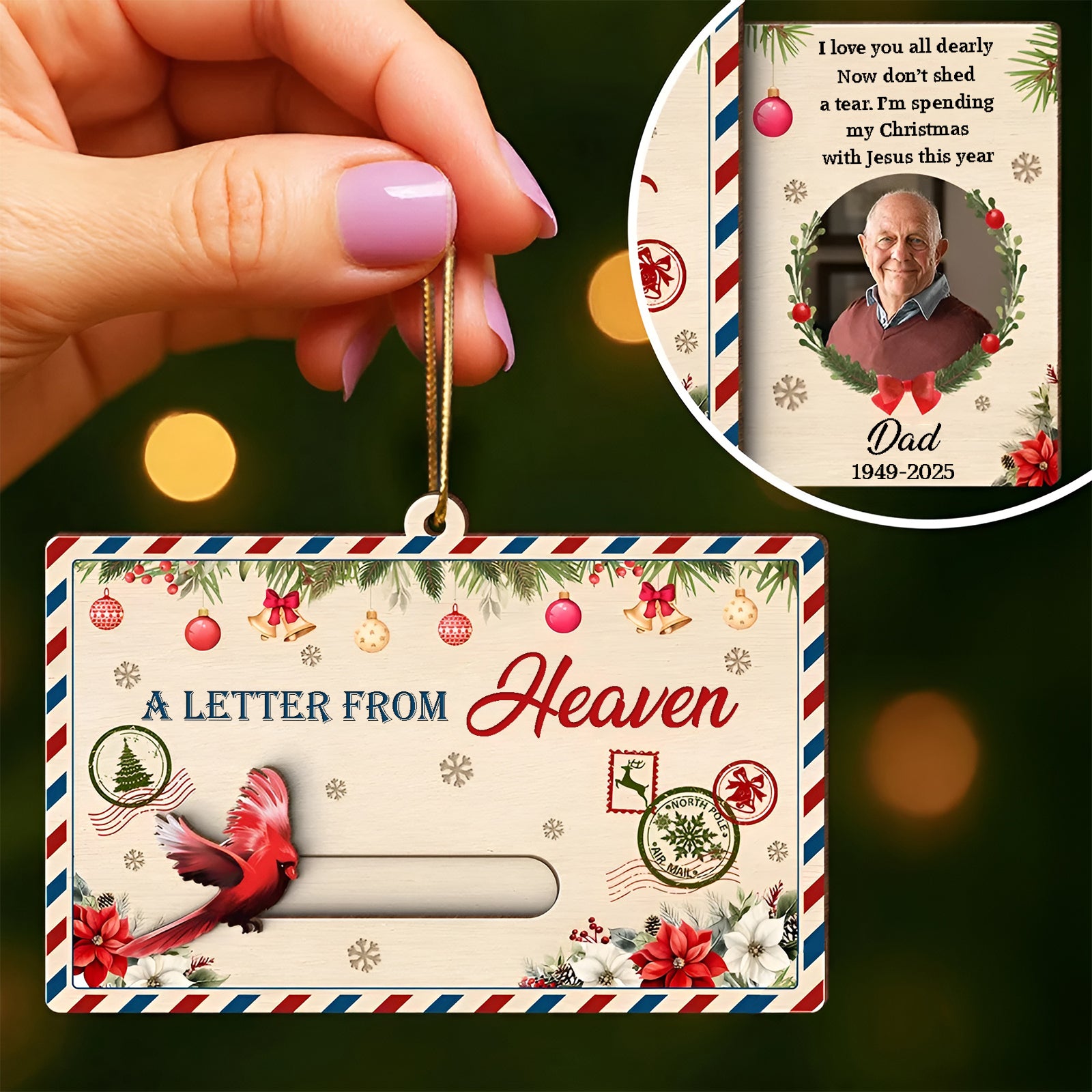 Personalized photo Christmas wooden slider card with festive designs and heartfelt message for loved ones