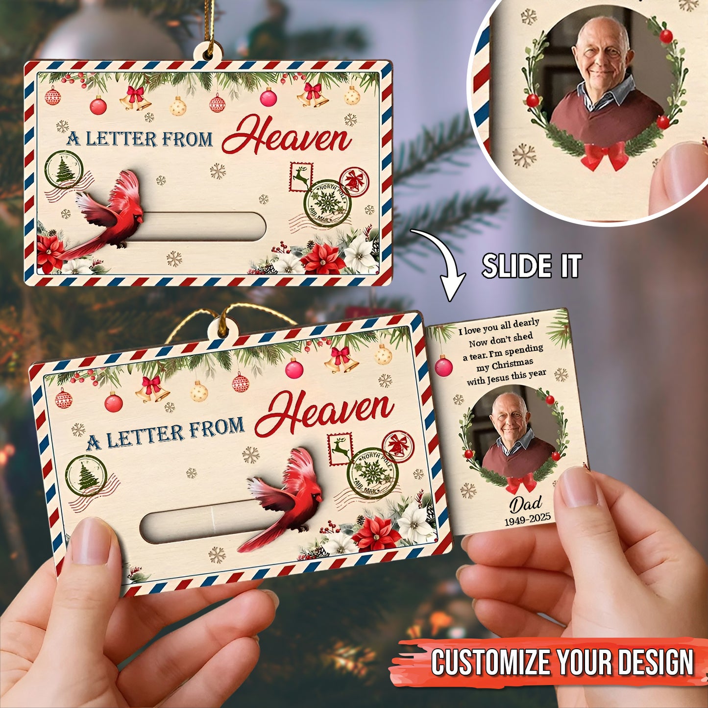 Personalized photo Christmas wooden slider card featuring customizable design and festive elements