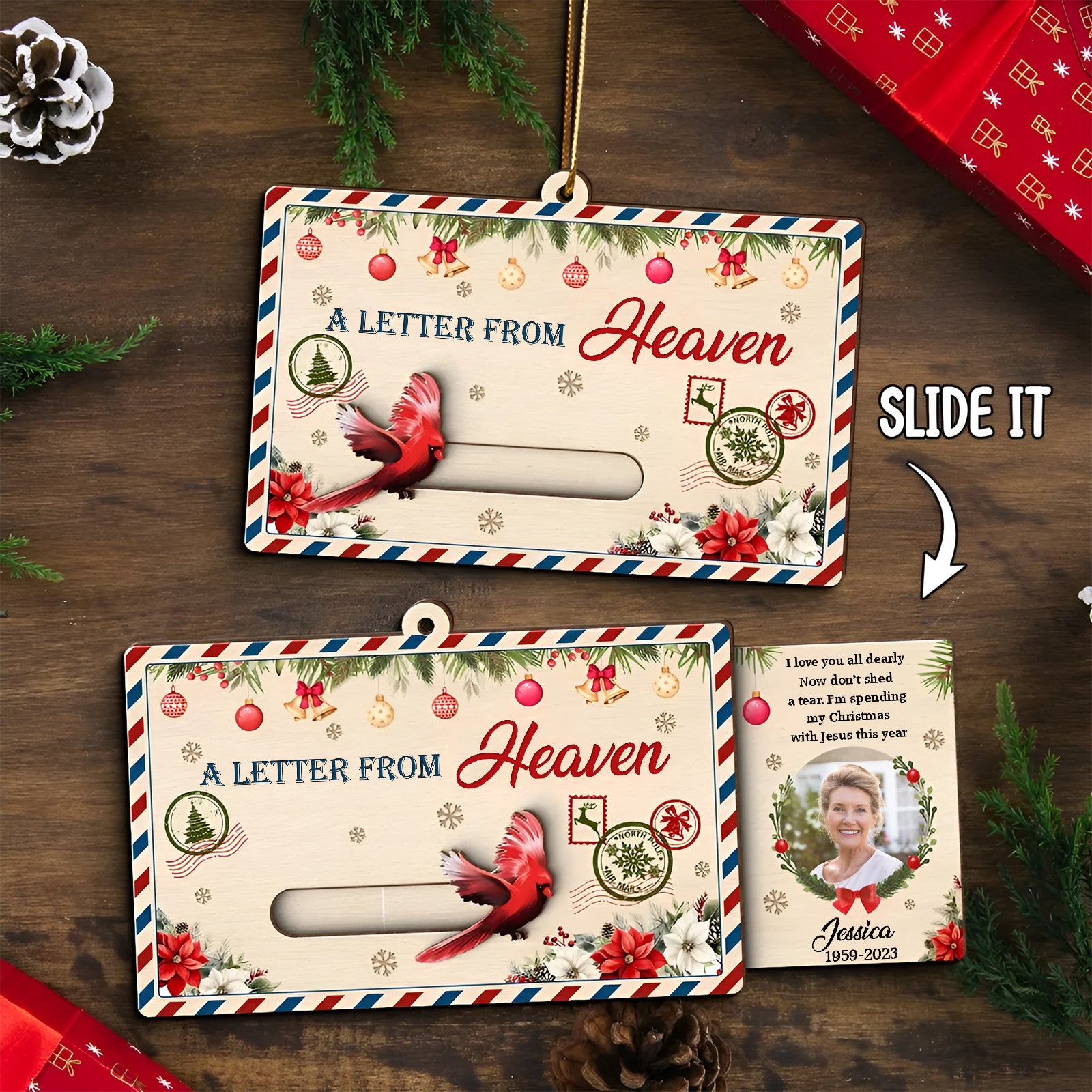 Personalized photo Christmas wooden slider card with festive design and sliding feature for a unique holiday touch