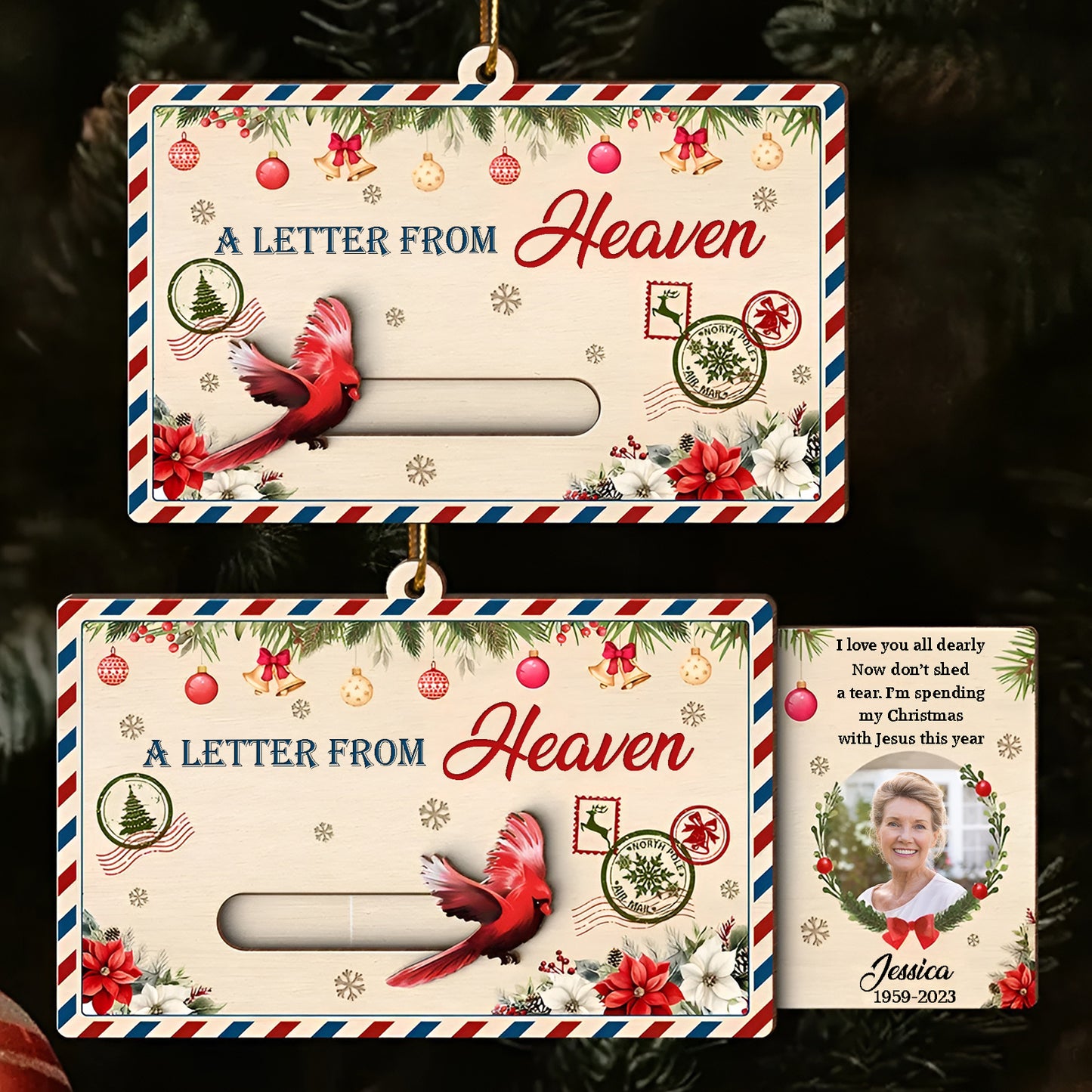 Personalized photo Christmas wooden slider card featuring festive designs and a heartwarming message