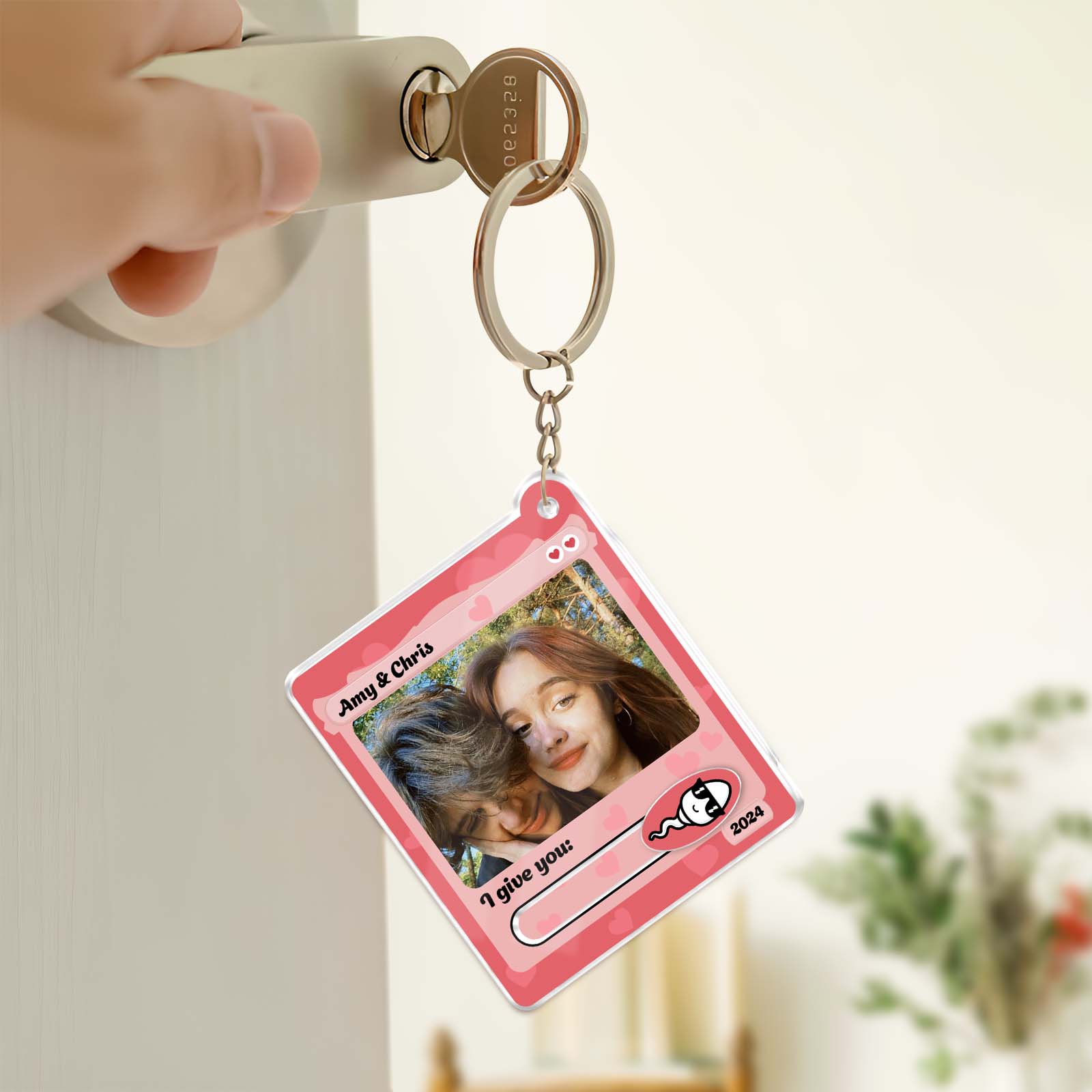Personalized photo keychain for couples featuring a couple's photo and sweet message