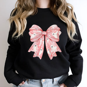 Black sweatshirt featuring a personalized pink Halloween shirt design with ghosts on a large pink bow