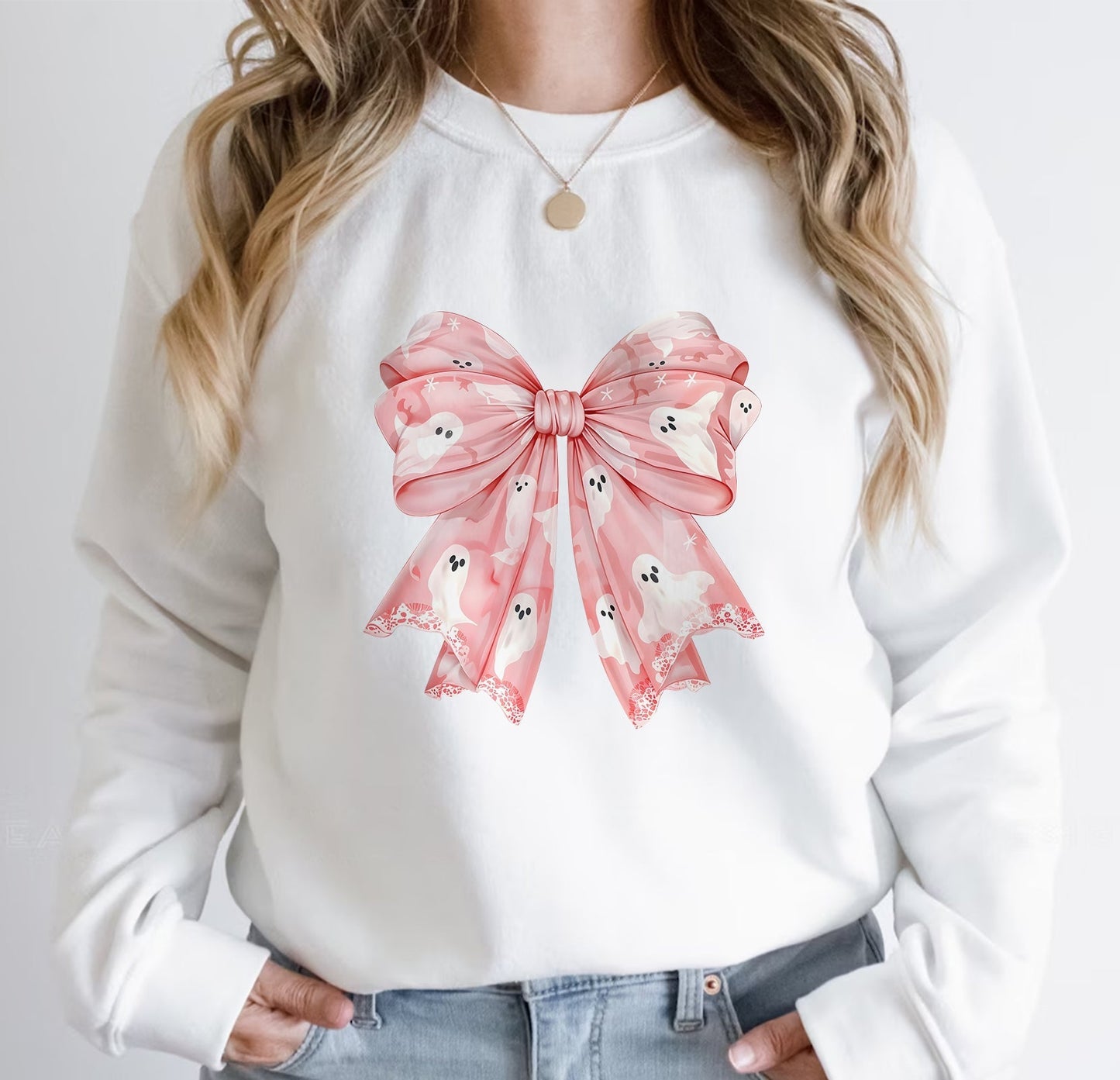 365Gifty personalized pink Halloween shirt featuring a large pink bow with white ghost designs