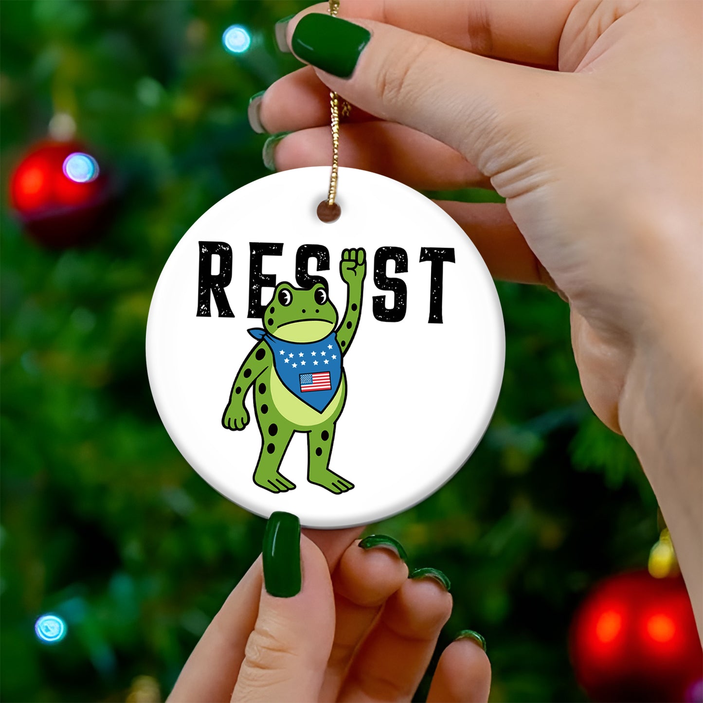 Personalized resist ornament featuring a cartoon frog with a bandana and raised fist