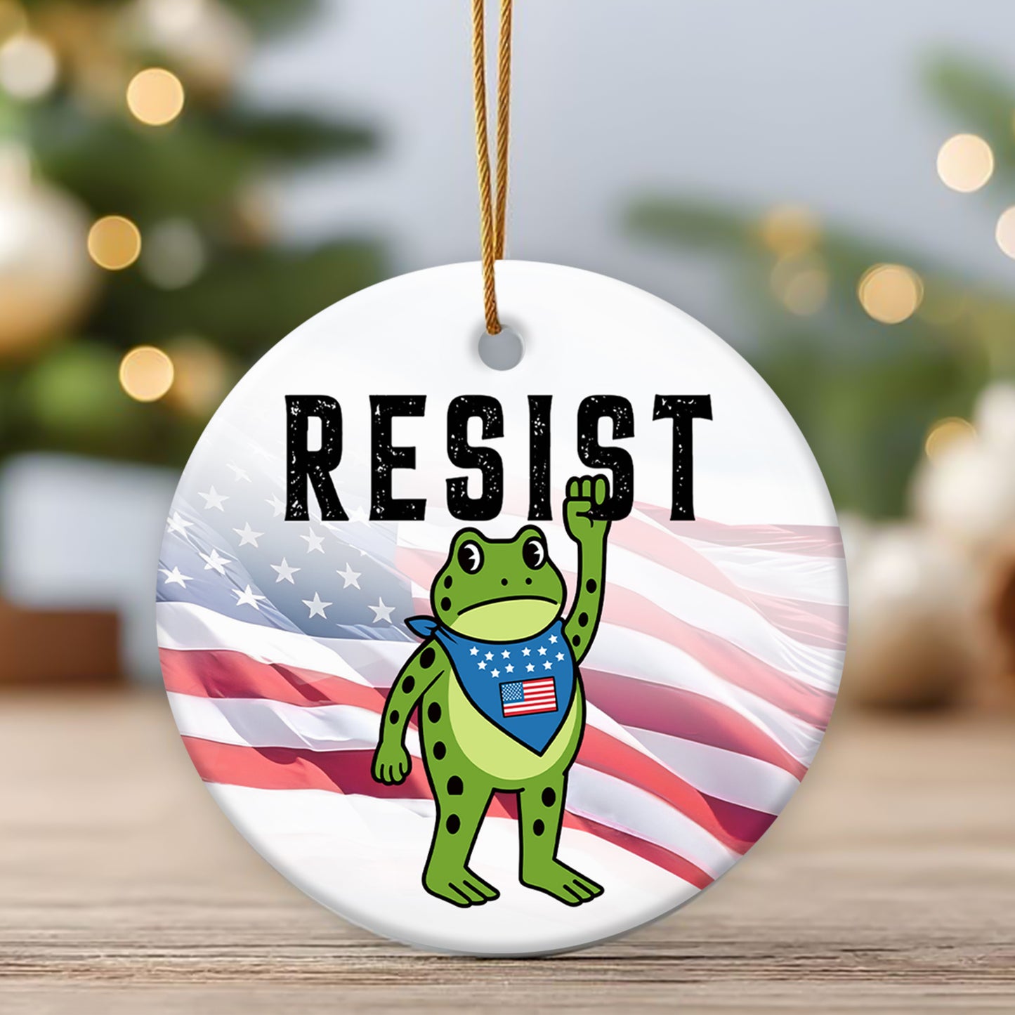 Personalized resist ornament featuring a frog with an American flag background for unique decor