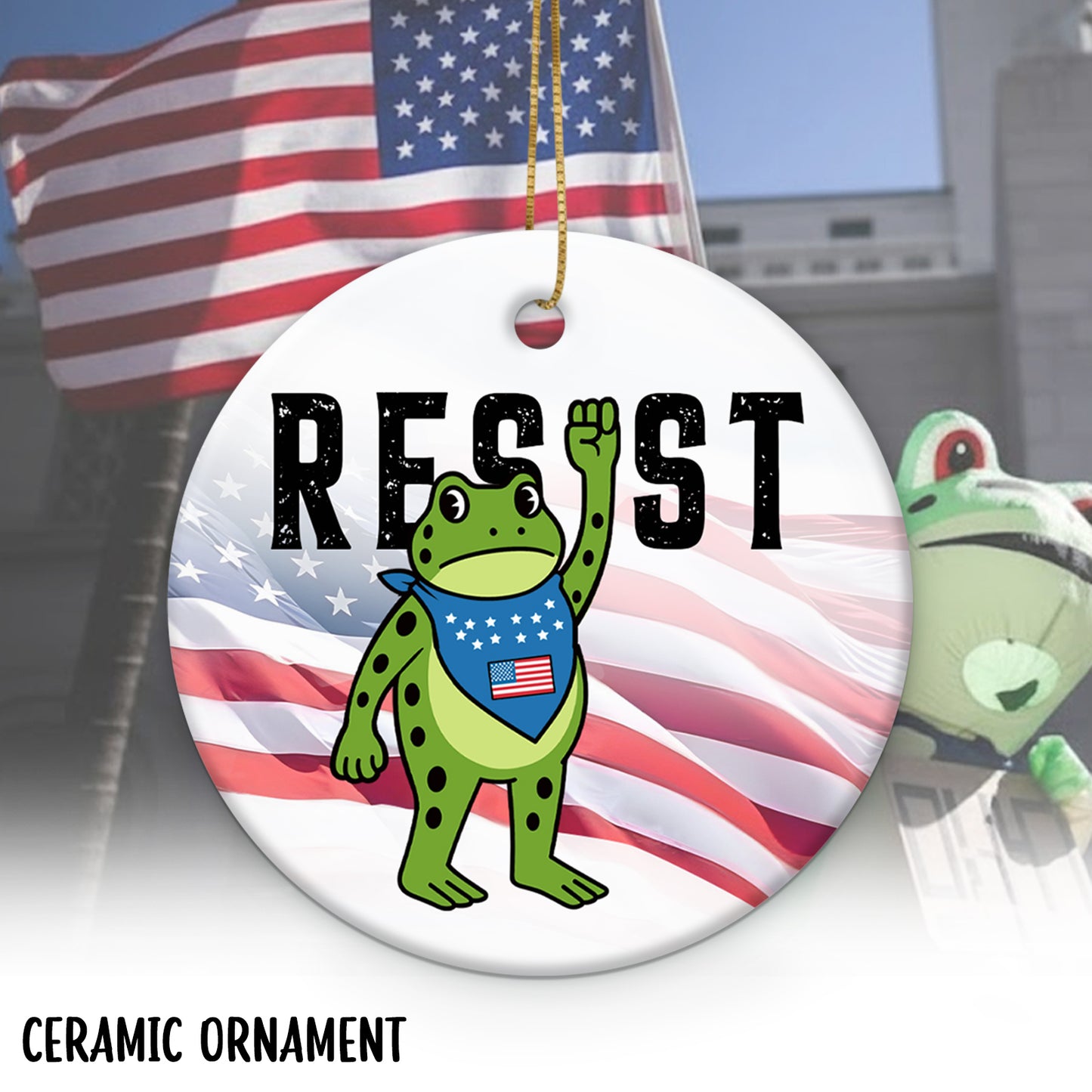 Personalized resist ornament featuring a cartoon frog with an American flag background