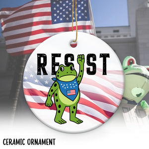 Personalized resist ornament featuring a cartoon frog with an American flag background