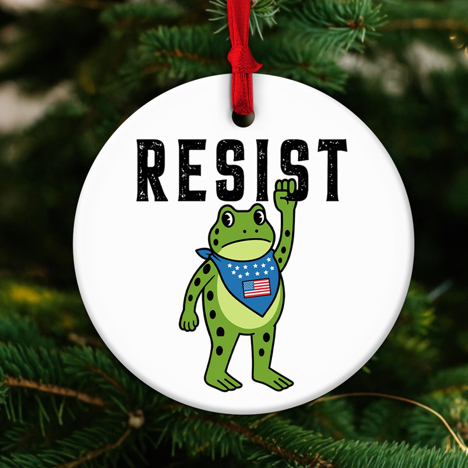 Personalized resist ornament featuring a cartoon frog with a raised fist and American flag bandana