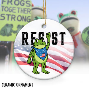Personalized resist ornament featuring a frog with a raised fist against a background of an American flag