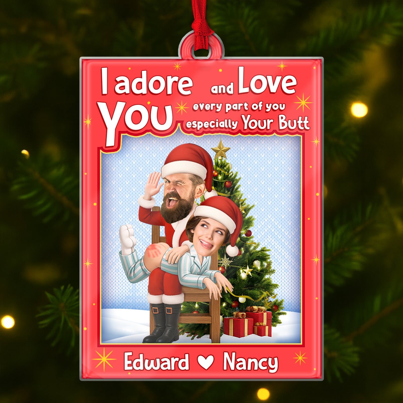 Personalized Santa couple ornament with festive design and customizable names for holiday celebrations