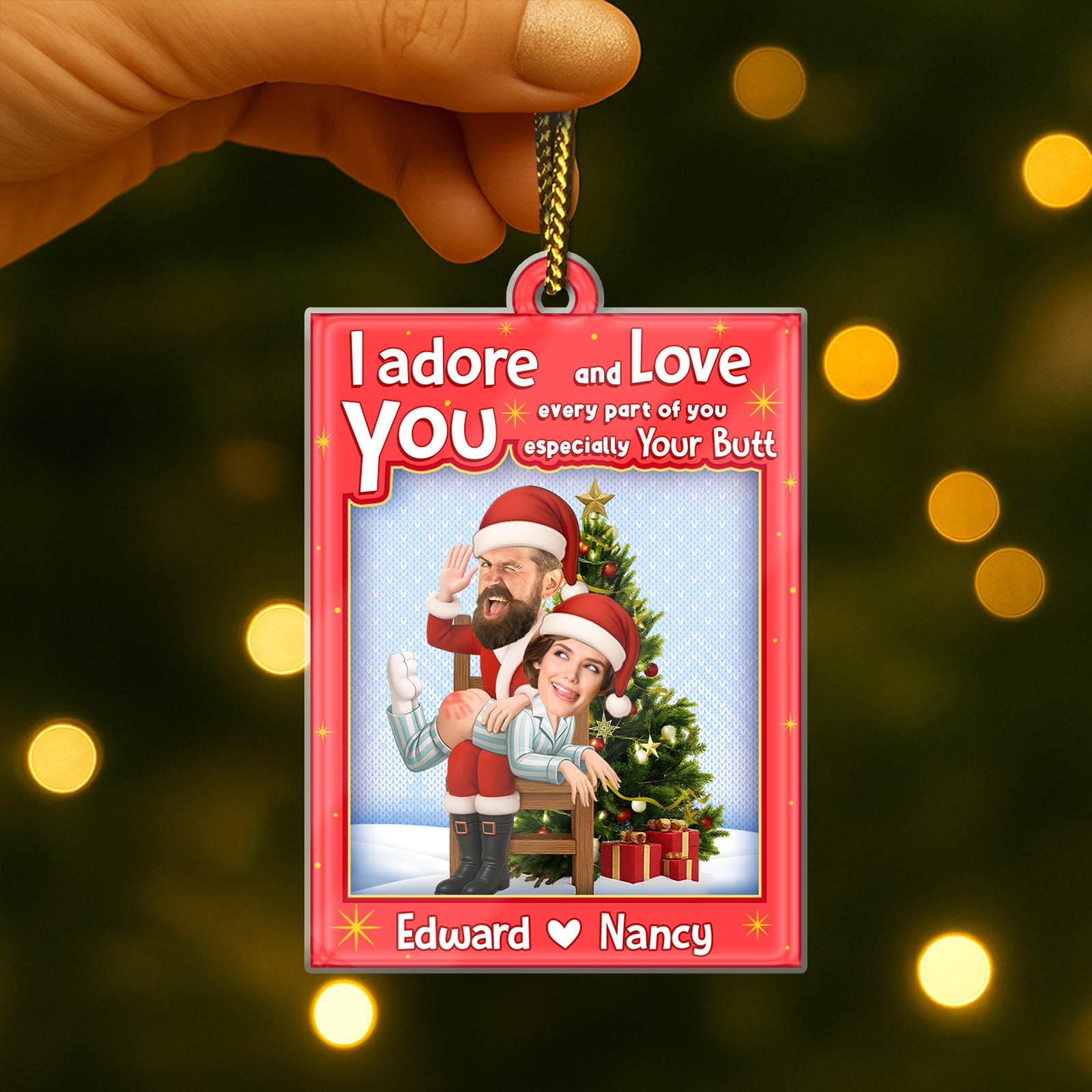 Personalized Santa couple ornament featuring a festive design with custom names Edward and Nancy