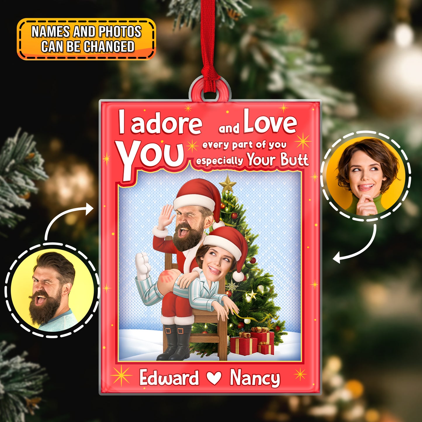 Personalized Santa couple ornament with customizable names and photos, perfect for holiday gifts