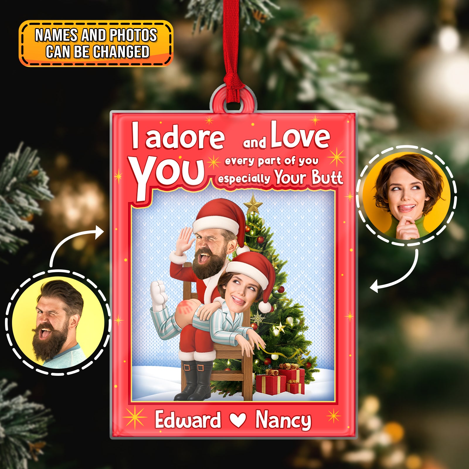 Personalized Santa couple ornament with customizable names and photos, perfect for holiday gifts