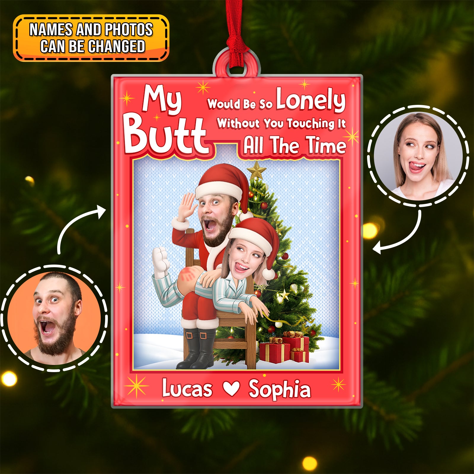 Personalized Santa couple ornament featuring a joyful couple surrounded by holiday decorations