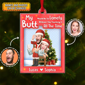 Personalized Santa couple ornament featuring a joyful couple surrounded by holiday decorations
