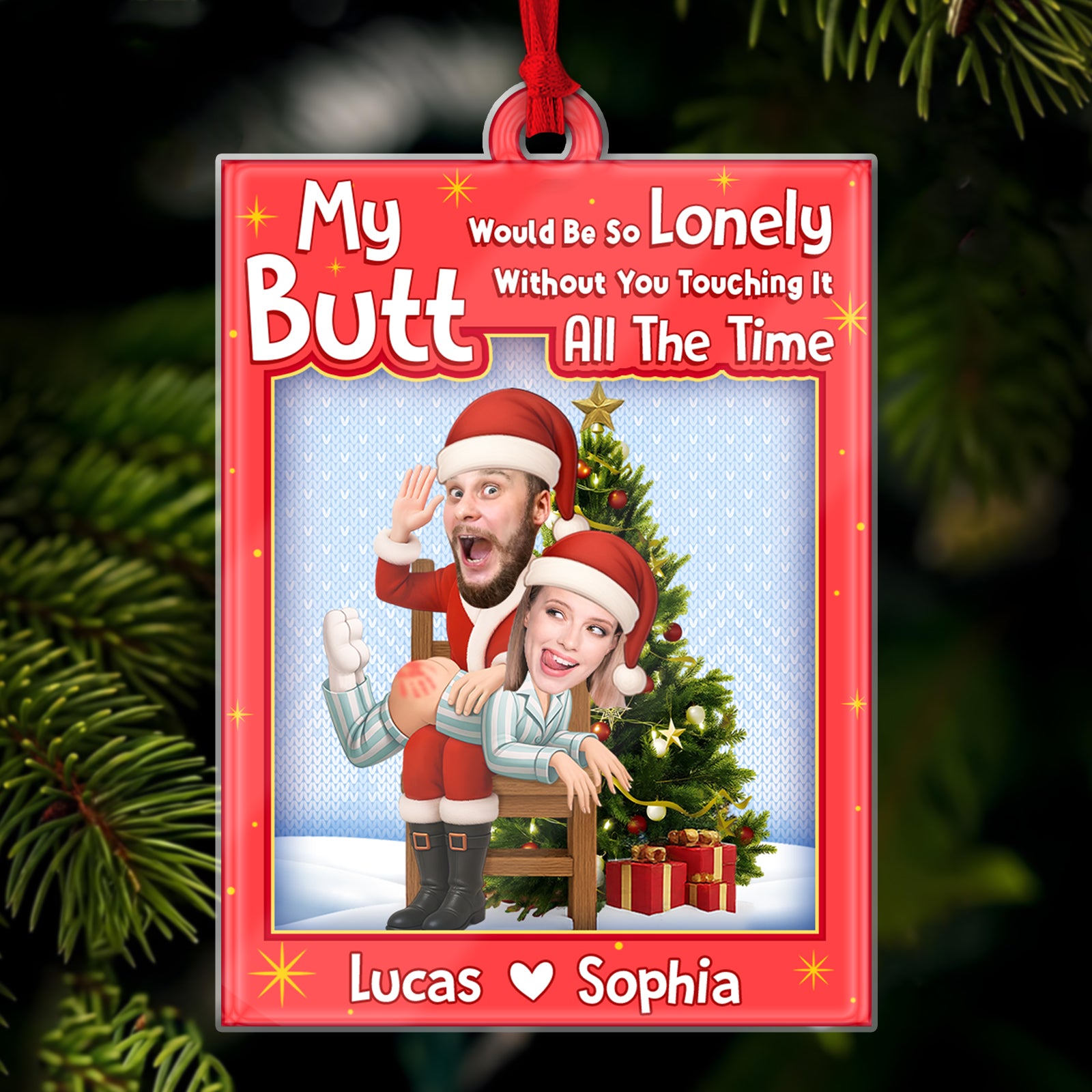 Personalized Santa couple ornament featuring playful text and a festive design for Christmas decor